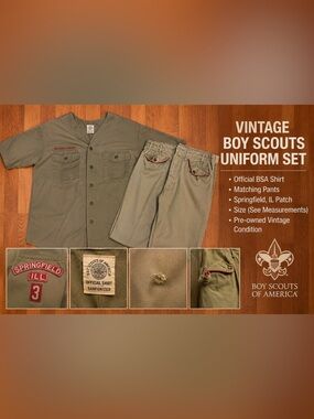 Vintage Boy Scouts of America Olive Green Uniform Shirt & Pants Set - A